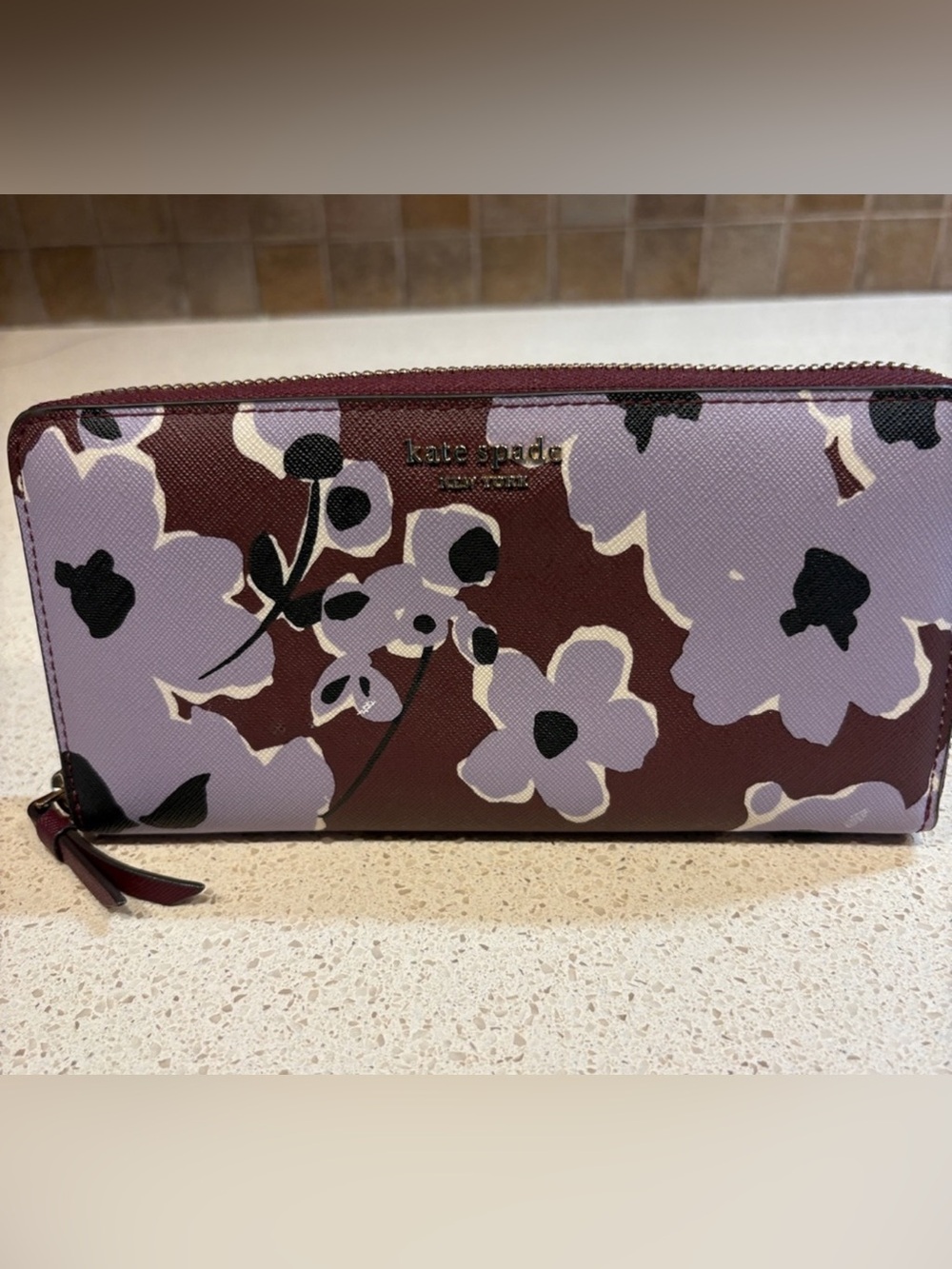 kate spade Burgundy Wallet with Lavender Floral Print